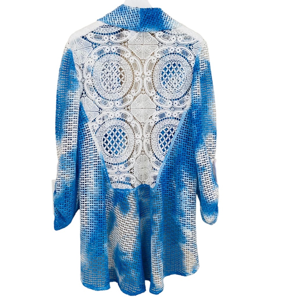 Alberto Makali Sky Blue and White Tie Dye Style Mesh Lace Sheer Open Cardigan XL